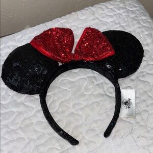 Disney Sequin Black Ears with Red Bow Headband